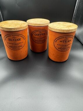 Vintage Henry Watson PotteryTea Coffee Sugar  Set - Orange with Wood Lids